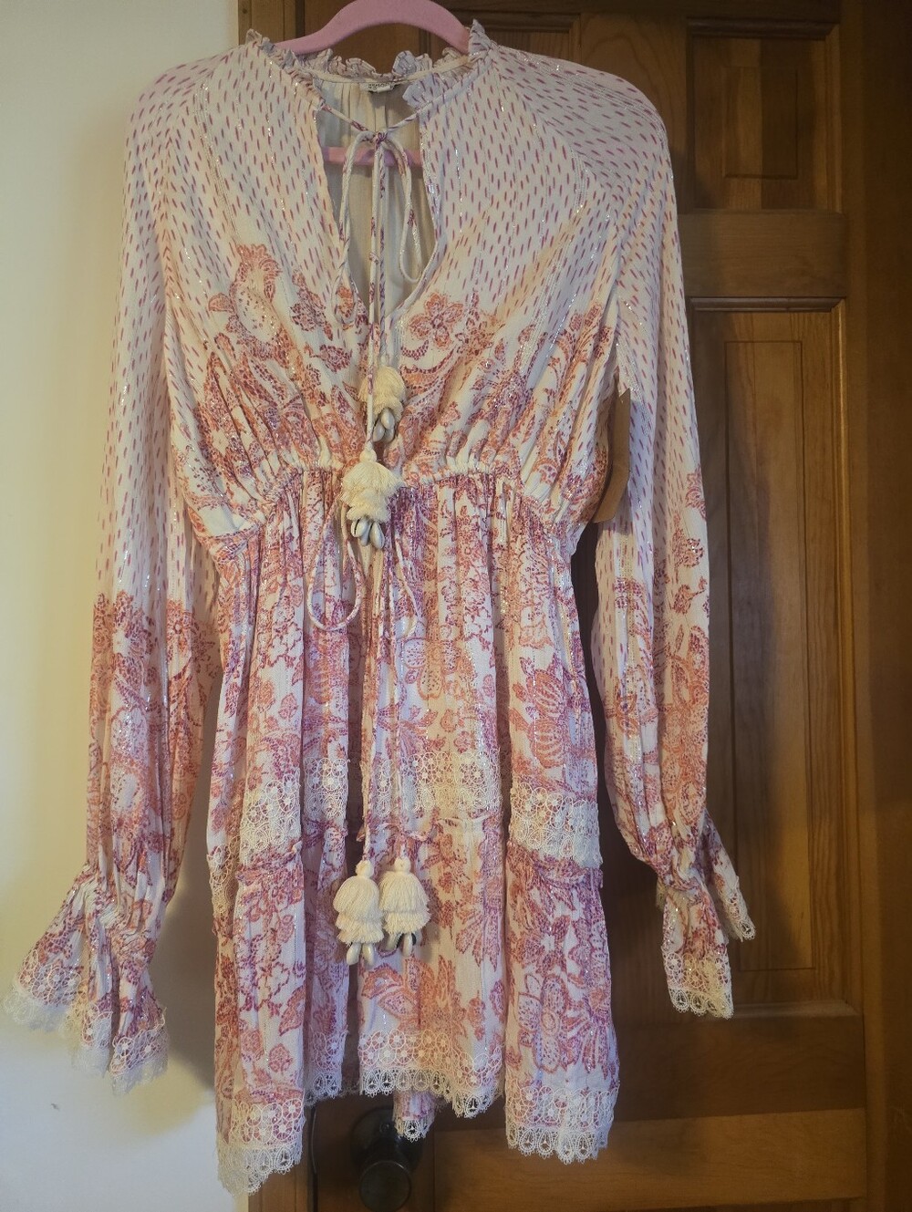 HEMANT & NANDITA Pink and Cream Boho Long Sleeve Tassel Dress
